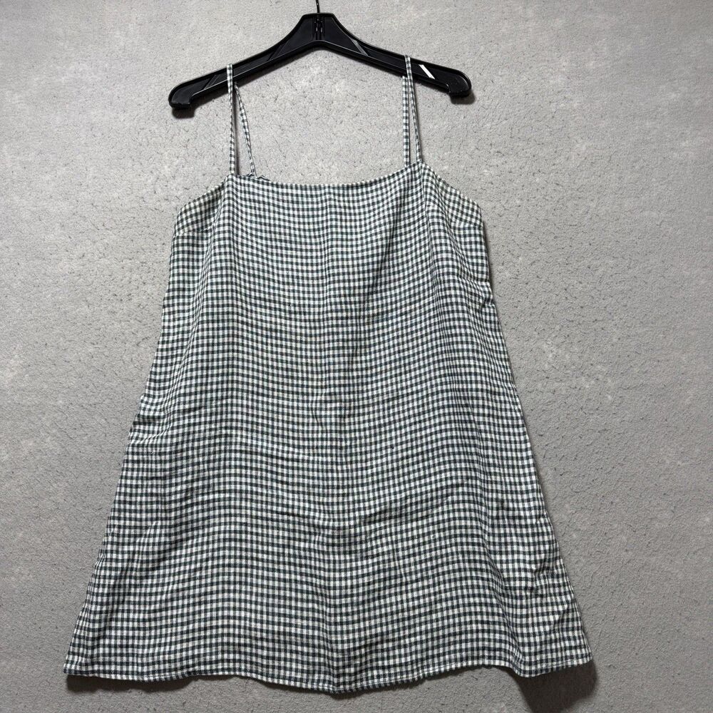 Reformation Aubree 100% Linen Mini Dress SZ Medium Blue White Checker Tie Strap